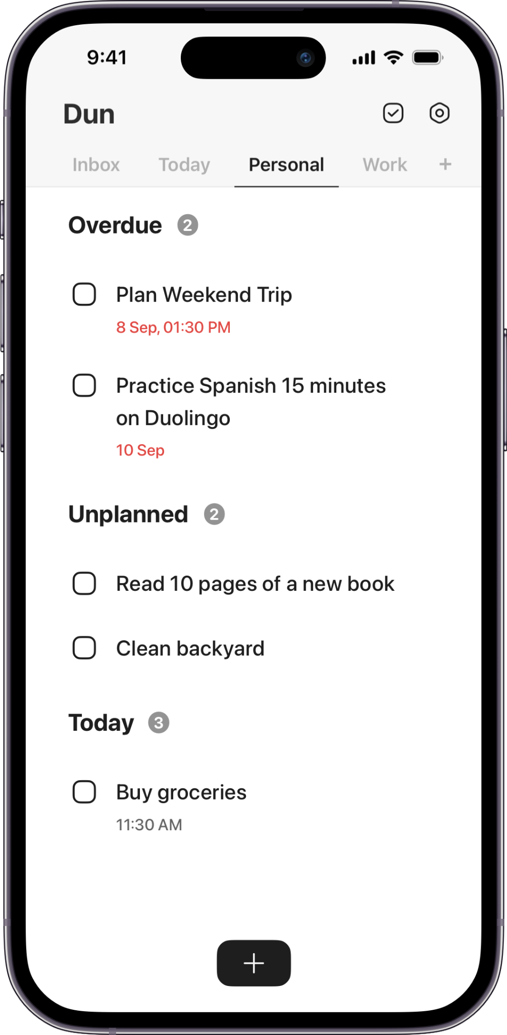 Dun app screenshot showing todo lists and tasks